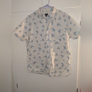 J. Crew White and Blue Fish Print Casual Shirt